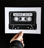 Gloomy Mix Cassette Tape Linoprint 5.5x7.5